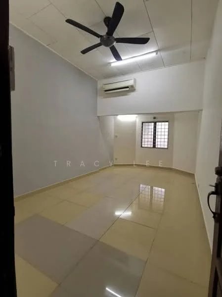 Room features: cream painted walls, white ceiling, 5-blade ceiling fan, 1 wall-mounted split AC, glossy tile flooring, large window with grille, door frame, corner of room with no visible furniture; style: modern.