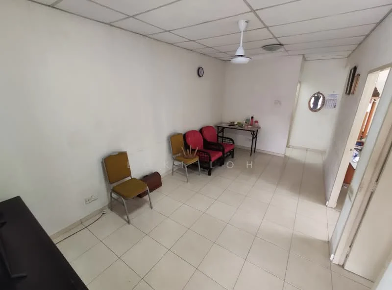 Room features: white painted walls, tile flooring, ceiling fan, rectangular dining table, two chairs in yellow, one chair in red, mirror on wall, doorway leading to another room.