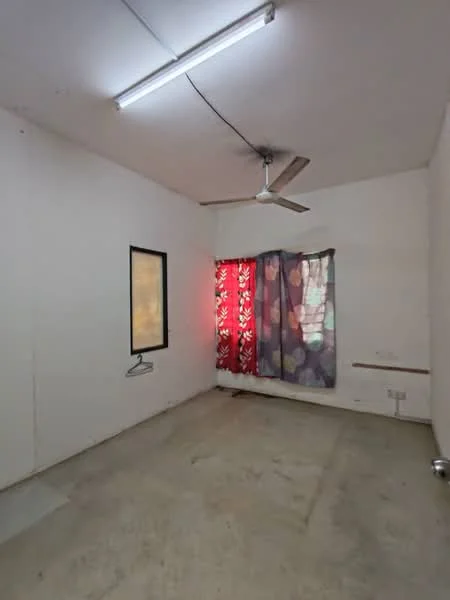 Room features: white painted walls, concrete flooring, ceiling fan, window with sheer curtains, window with patterned curtains, light fixture on ceiling; style: minimalist.