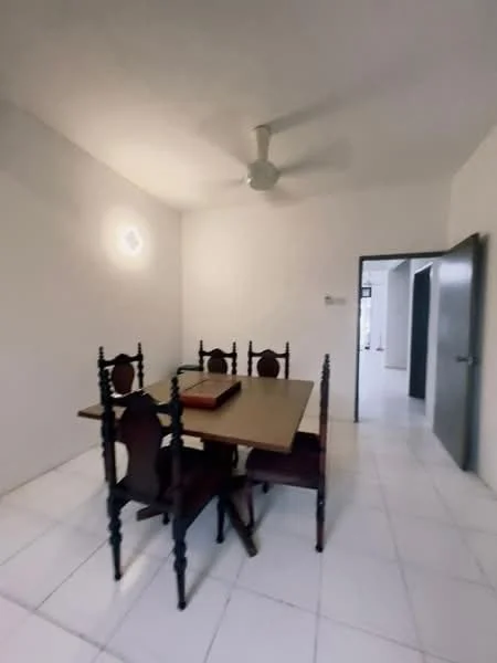 Dining features: white painted walls, white tiled flooring, ceiling fan, dining table with four chairs, light fixture on ceiling, doorway to adjacent room.