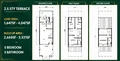 Floor plan: 5-bedroom 5-bathroom unit; features: open-plan kitchen-dining-living, master bedroom with ensuite bathroom, balcony off master, utility room, laundry area, central foyer, 2 car porch, 1,450 sqft built-up, 1,800 sqft total.