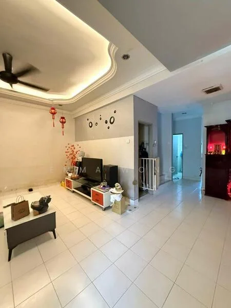 Living features: white painted walls, tray ceiling with recessed lighting, white tiled flooring, black ceiling fan, wall-mounted TV, TV console in white and orange, decorative wall art, red lanterns, open layout to adjacent room, partition gate, light-colored furniture, decorative plants; style: modern. Room features: white painted walls, white tiled flooring, doorway leading to another room.