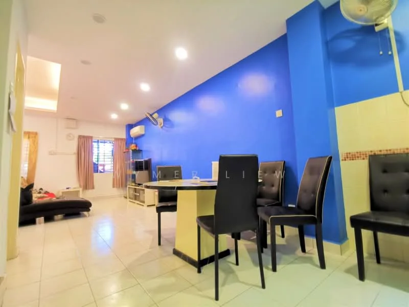 Living features: blue painted accent wall, cream painted walls, tile flooring, 5-blade ceiling fan, wall-mounted air conditioning unit, dining table with four black chairs, sofa, TV console, window with sheer curtains; style: modern.