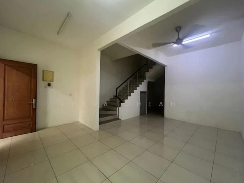Room features: white painted walls, glossy floor tiles, ceiling fan, staircase with metal railing, recessed lighting, wooden door, corner wall with light switch, open layout; style: modern.