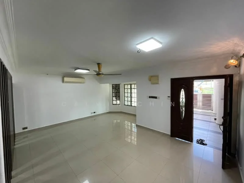 Living features: white painted walls, glossy ceramic tile flooring, ceiling fan with light, 2 wall-mounted split AC units, large windows with metal grilles, double-door main entrance, recessed ceiling lights, door leading to outdoor space; style: modern.