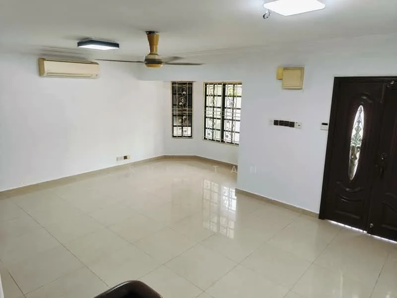 Living features: white painted walls, glossy ceramic tile flooring, 5-blade ceiling fan with light, 2 wall-mounted split AC units, large windows with metal grilles, main entrance door with decorative panel, recessed ceiling lights; style: modern.