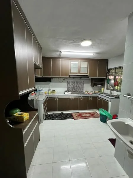 Kitchen features: brown cabinetry, white countertops, stainless-steel sink, chrome pull-down faucet, built-in oven, freestanding range oven, microwave, tile backsplash, white tile flooring, recessed ceiling lights, window with metal grille, area rug, kitchen island, open shelving, dishwasher; style: modern.