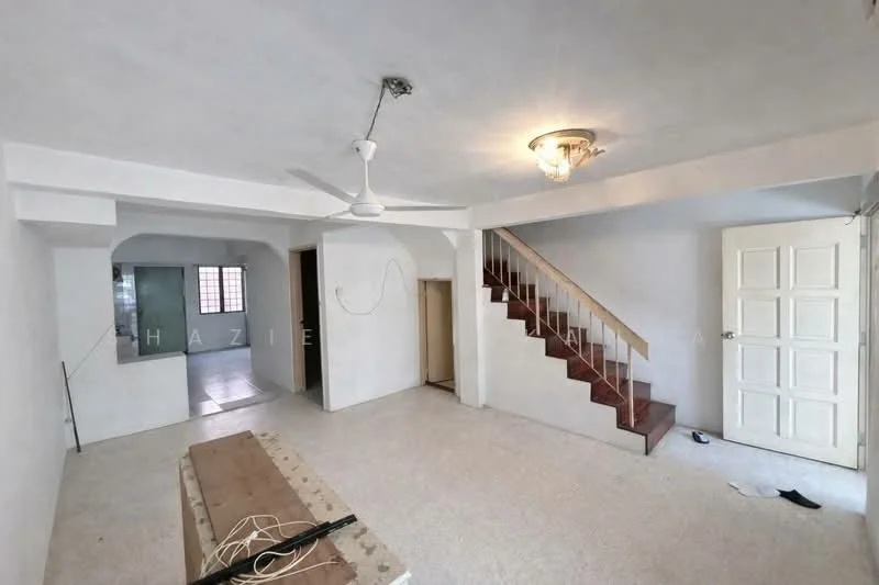 Living features: white painted walls, ceiling fan, chandelier, carpet flooring, staircase with wooden steps, door with panel design, open layout, natural light from windows. Kitchen features: white painted walls, tile flooring, window for natural light.