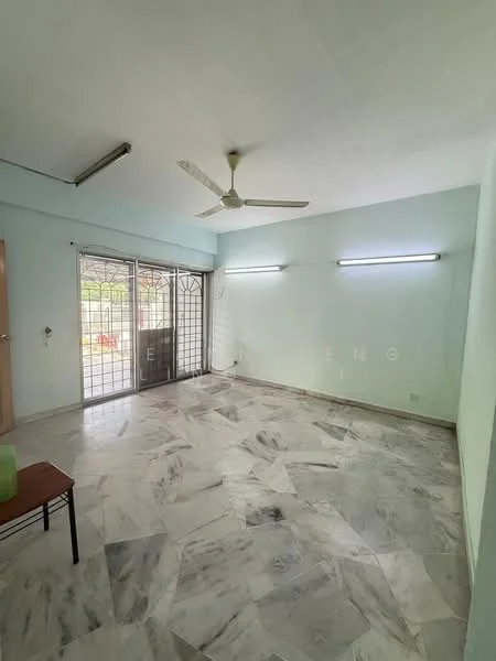Living features: marble flooring, light blue painted walls, 5-blade ceiling fan, two wall-mounted LED lights, sliding glass door, metal security grille, large window, open layout.