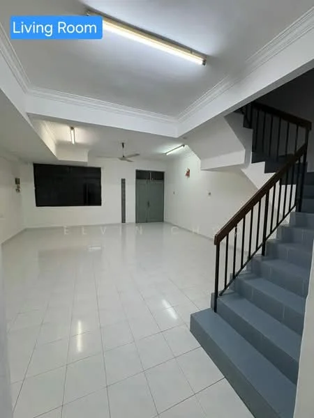 Living features: white painted walls, glossy white tile flooring, ceiling with fluorescent lighting, 5-blade ceiling fan, staircase with black railing, large window, open layout, no visible furniture; style: modern.