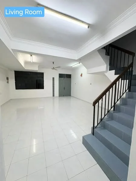 Living features: white painted walls, glossy white tile flooring, ceiling with fluorescent lighting, 5-blade ceiling fan, staircase with wooden railing, large window, open layout, no visible furniture; style: modern.