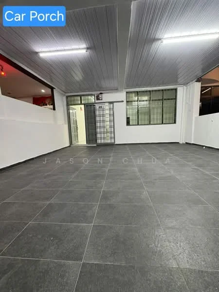 Exterior type: car porch; features: grey tiled flooring, white painted walls, metal grilles on windows, recessed ceiling lights, open layout, high ceiling, no visible landscaping, accessible entry, well-lit space; style: modern.