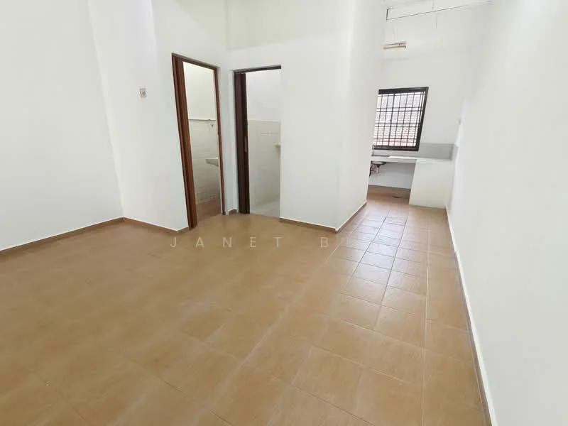 Room features: white painted walls, tile flooring in beige, window with metal grille, door to bathroom, door to another room, built-in desk area, light fixture on ceiling.