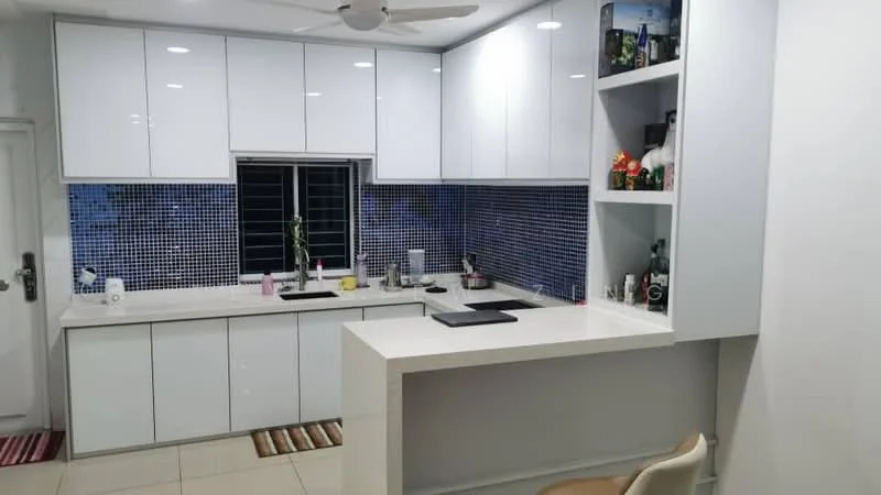 Kitchen features: white glossy cabinetry, blue mosaic tile backsplash, white countertop, single-bowl stainless-steel sink, chrome pull-down faucet, built-in oven, freestanding range oven, recessed downlights, ceiling fan, open shelving, kitchen island, tile flooring, window with grid pattern, decorative items on shelves; style: modern.