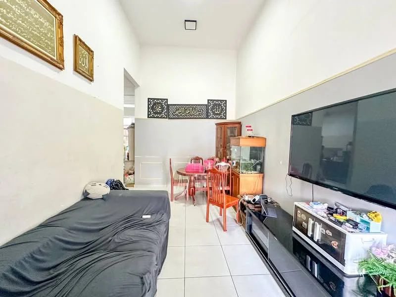 Living features: black fabric sofa, white tiled flooring, flat-screen TV on black console, glass display cabinet, round dining table with red chairs, decorative wall art, wall-mounted lighting, neutral painted walls; style: modern.