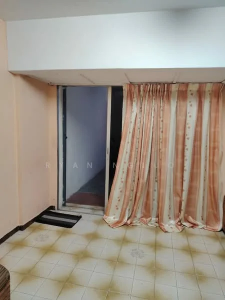 Room features: pink painted walls, sliding glass door, curtains with floral pattern, tile flooring, floor mat, ceiling with recessed lighting.
