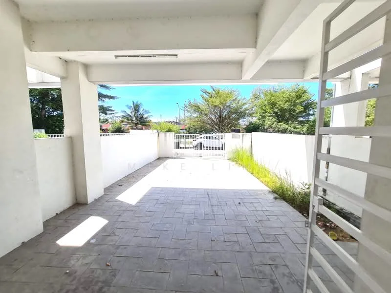 Exterior features: paved flooring, white painted walls, fenced perimeter, landscaped garden area, visible greenery, gated entry, outdoor space with natural light; style: modern.