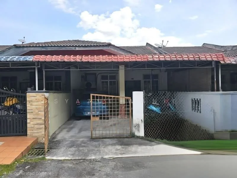 Exterior type: linked terrace house; features: red and grey tiled roof, single-storey, brick facade, car porch with gate, driveway, front garden area, visible parking space, surrounded by residential area; style: modern.