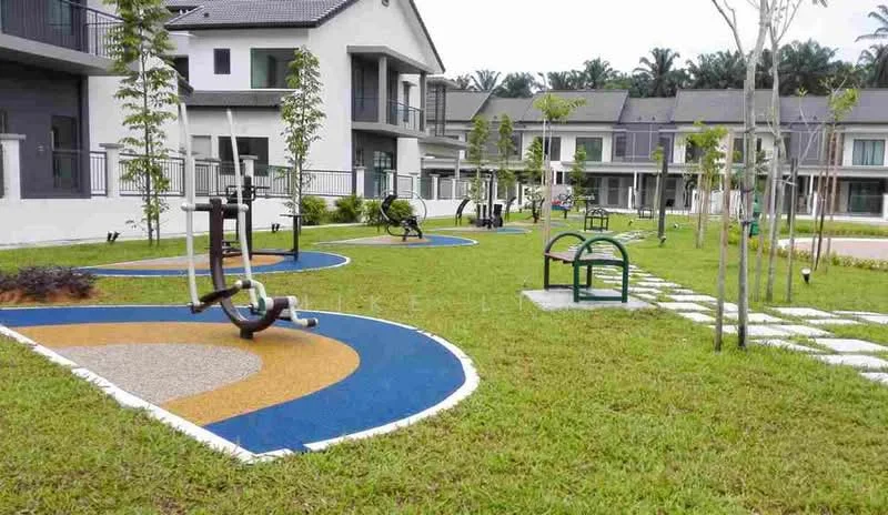 Exterior type: linked terrace house; features: landscape garden, manicured lawn, exercise equipment, paved walkway, mature trees, colorful rubberized flooring, open green space, surrounding residential buildings; style: modern.