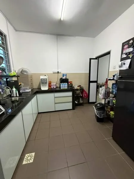 Kitchen features: black granite countertop, white cabinetry with flat-panel doors, stainless-steel sink, chrome faucet, built-in water dispenser, black refrigerator, tile flooring, wall-mounted shelves, window with metal grille, kitchen appliances visible, storage bins, trash bin; style: modern.