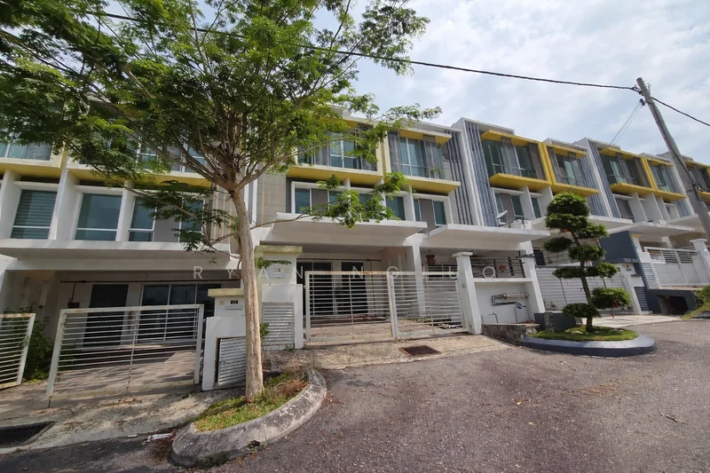 Exterior type: linked terrace house; features: white painted facade, grey concrete facade, yellow accent balconies, two-storey structure, manicured landscaping, paved walkway, fenced front yard, trees in front yard, modern design, multiple windows, front porch area; style: modern.
