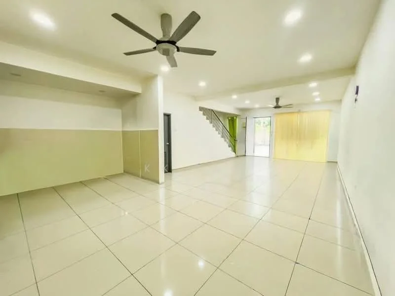 Living features: large open space, white painted walls, cream accent wall, tile flooring, 5-blade ceiling fan, recessed downlights, staircase leading to upper floor, sliding glass door, natural light from windows; style: modern; view: garden.