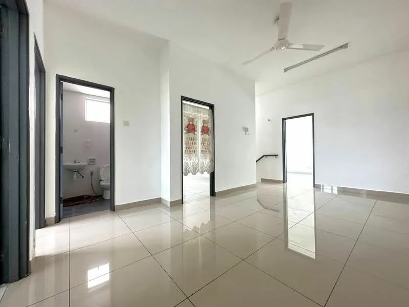 Room features: white painted walls, glossy ceramic tile flooring, ceiling fan, doorways leading to other rooms, large window for natural light, neutral color scheme, open layout, no visible furniture; style: modern.