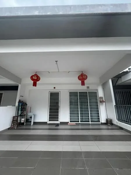 Exterior features: white painted facade, sliding glass doors, horizontal louvered windows, grey tiled flooring, decorative red lanterns, overhead lighting, open space, covered area; style: modern.