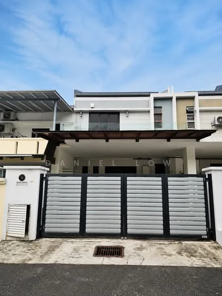 Exterior type: linked terrace house; features: two-storey building, grey and white painted facade, glass balcony railing, overhanging roof, sliding glass door, air conditioning units visible, gate with horizontal slats, concrete driveway, manicured landscaping, paved walkway; style: modern.