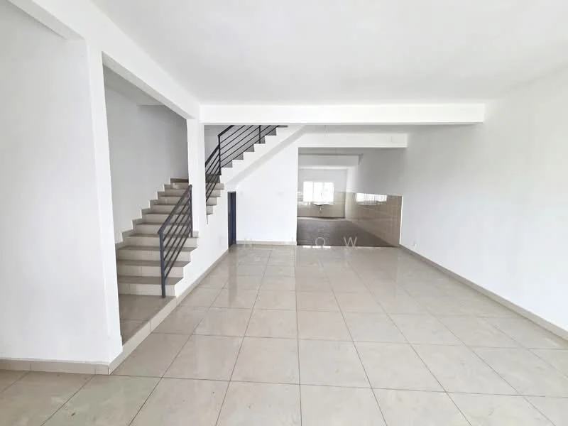 Living features: white painted walls, tile flooring, staircase with metal railing, large windows for natural light, open layout, neutral color scheme, high ceiling, corner space, no visible furniture; style: modern.