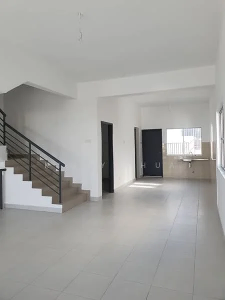 Living features: white painted walls, tile flooring, large windows, staircase with metal railing, open layout, natural light, neutral color scheme, high ceiling; style: modern. Kitchen features: kitchen counter, sink, tile backsplash, open layout, adjacent to living area; style: modern.