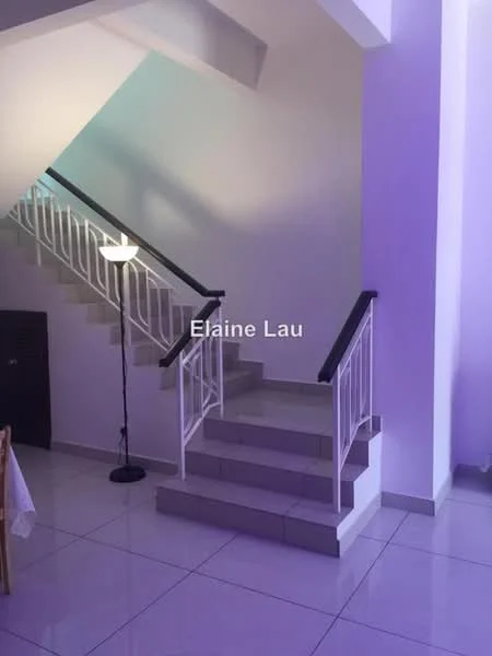 Room features: staircase with white railing, grey tiled flooring, white walls, lamp with light, open space, natural light from upper level; style: modern.