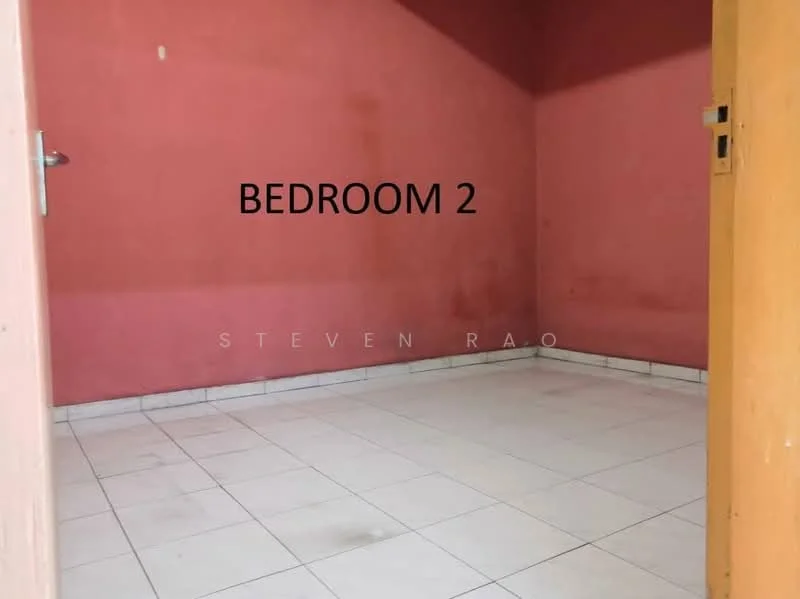 Bedroom features: red painted walls, white tiled flooring, single door, window, no visible furniture, empty space.