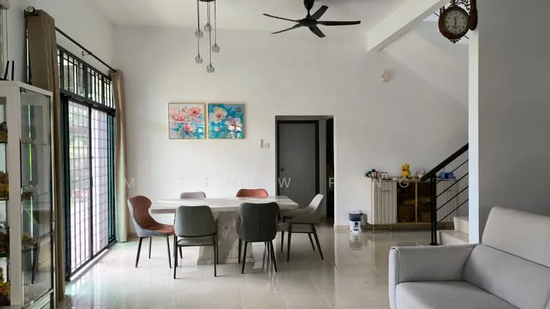 Dining features: 6-seater dining table, upholstered dining chairs in various colors, pendant light, floor-to-ceiling windows, white painted walls, glossy tile flooring, ceiling fan, decorative wall art, open layout to living area; style: modern; view: garden. Living features: 3-seater fabric sofa in light color, coffee table, wall-mounted clock, white painted walls, glossy tile flooring, open layout to dining area; style: modern.