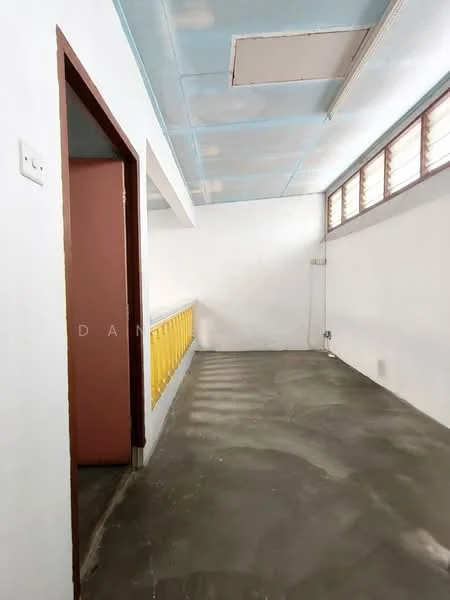 Room features: white painted walls, concrete flooring, sliding windows, yellow railing, ceiling with blue paint, doorway leading to another room, exposed ceiling, light fixture; style: minimalist.