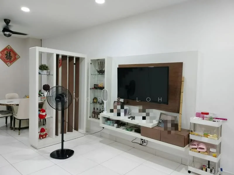 Living features: white painted walls, white ceiling, recessed downlights, floor-to-ceiling TV unit, wooden TV console, open shelving, decorative items on shelves, white tiled flooring, ceiling fan, wall-mounted TV, decorative wall art, standing fan; style: modern. Dining features: round dining table, upholstered dining chairs, decorative wall art, white painted walls, white ceiling, recessed downlights, white tiled flooring; style: modern.
