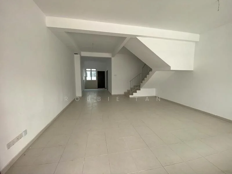 Room features: white painted walls, plain ceiling, tile flooring, staircase, large window, open layout, no visible furniture, neutral color scheme; style: minimalist.