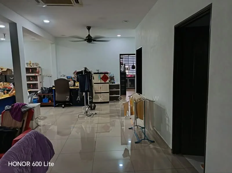 Room features: white painted walls, glossy tile flooring, ceiling fan, recessed lighting, open layout, clothes drying rack, office chair, storage cabinets, dining table, sofa, decorative items on shelves; style: modern.