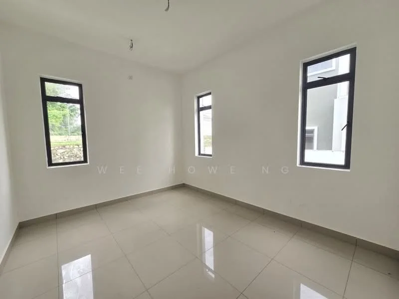 Room features: white painted walls, grey tiled flooring, two floor-to-ceiling windows, no visible ceiling fixtures, corner windows, natural light from windows, minimalist design, empty space; style: minimalist; view: garden.