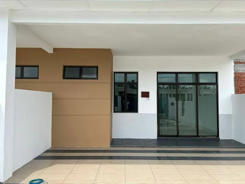 Exterior features: white painted facade, brown accent wall, large black-framed windows, grey tiled flooring, horizontal black stripes on the floor, flat roof, minimalist design, surrounded by walls; style: modern.