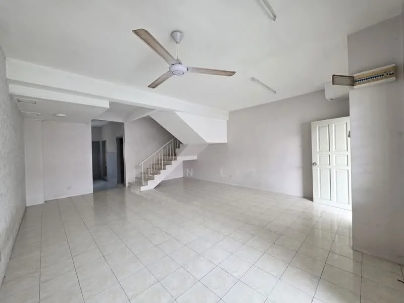 Living features: white painted walls, tile flooring, 5-blade ceiling fan, recessed lighting, staircase leading to upper floor, door to hallway, air conditioning unit, large open space; style: minimalist.