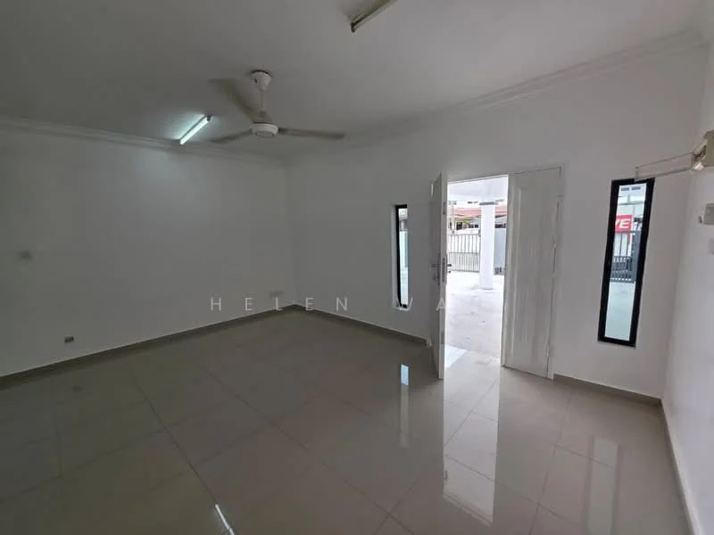 Room features: white painted walls, glossy ceramic tile flooring, ceiling fan, two windows, double door, door leading outside.