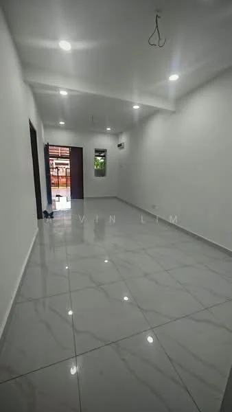 Room features: white painted walls, marble tile flooring, recessed LED downlights, 1 wall-mounted split AC, floor-to-ceiling window, sliding glass door, door leading to outdoor area, ceiling with no visible fixtures; style: modern; view: garden.