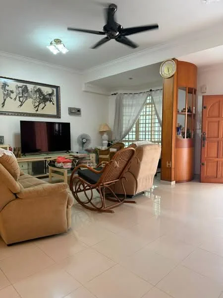 Living features: cream painted walls, white ceiling, tile flooring, 5-blade ceiling fan, wall-mounted TV, glass coffee table, 2-seater fabric sofa in beige, rocking chair, decorative wall art, curtains, built-in display cabinet, window with grid pattern; style: contemporary.