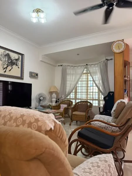 Living features: 3-seater fabric sofa in beige, 2 rattan armchairs, coffee table, wall-mounted TV, ceiling fan, recessed ceiling lights, curtains, decorative wall clock, framed artwork, wooden shelving unit, tile flooring, white painted walls; style: contemporary.