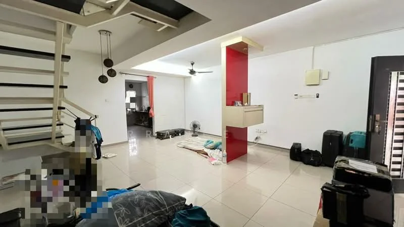 Living features: white painted walls, glossy tile flooring, ceiling fan, staircase with wooden steps, red accent wall, built-in shelf, large windows, decorative light fixtures, open layout, multiple luggage bags, floor fan, area rug; style: modern.