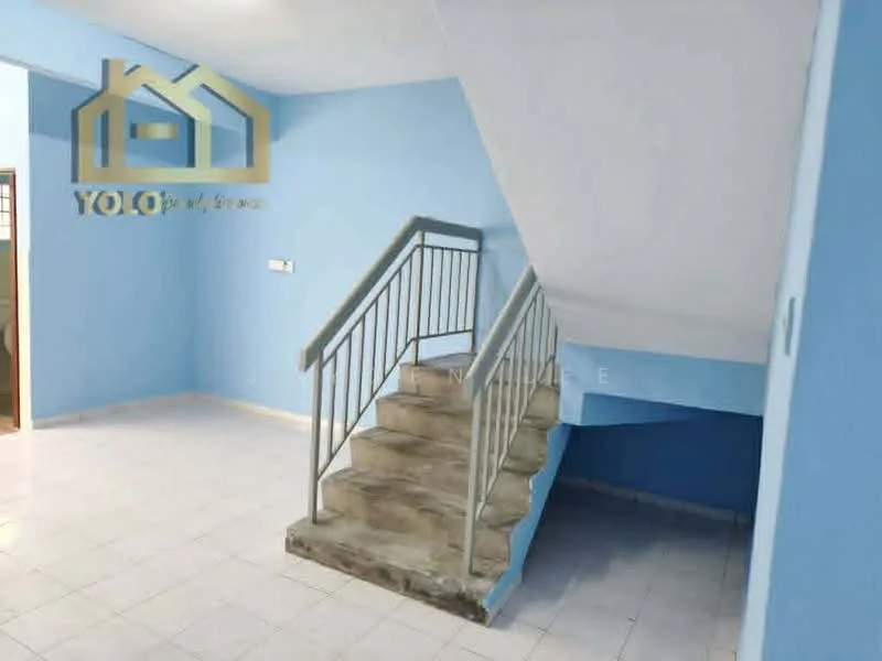 Room features: blue painted walls, white tiled flooring, metal staircase, corner wall with door, light fixture on ceiling.