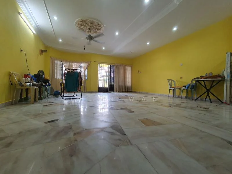 Room features: yellow painted walls, marble flooring, ceiling with decorative plaster, recessed downlights, ceiling fan, large windows with sheer curtains, open layout, clothes drying rack, dining table, plastic chairs; style: modern.