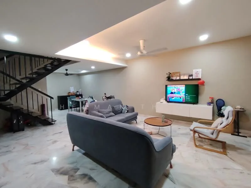 Living features: grey fabric 3-seater sofa, wooden coffee table, wall-mounted TV, white TV console, marble flooring, ceiling fan, recessed downlights, decorative wall art, open staircase with black railing, light beige painted walls; style: modern.