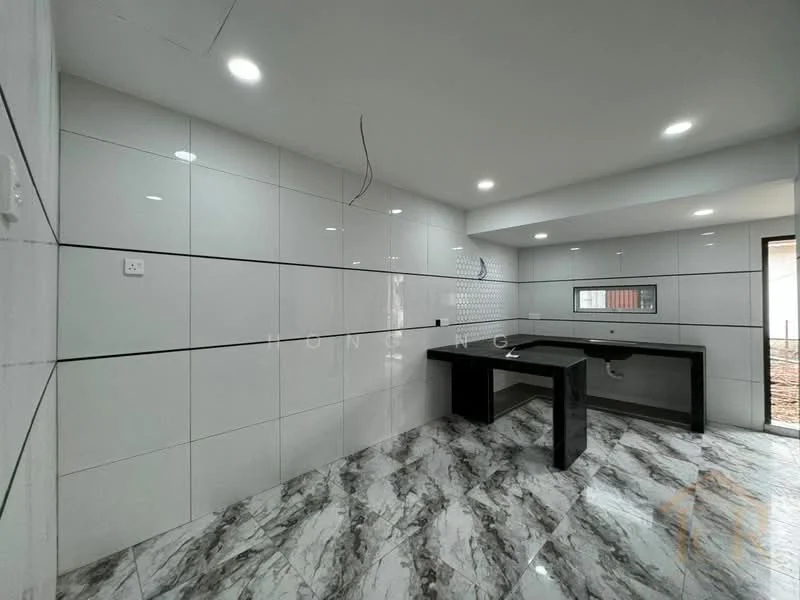 Room features: white tiled walls with black accents, marble tile flooring in grey and white, recessed LED downlights, single window, black countertop, open layout, no visible appliances, no visible cabinetry; style: modern; view: garden.